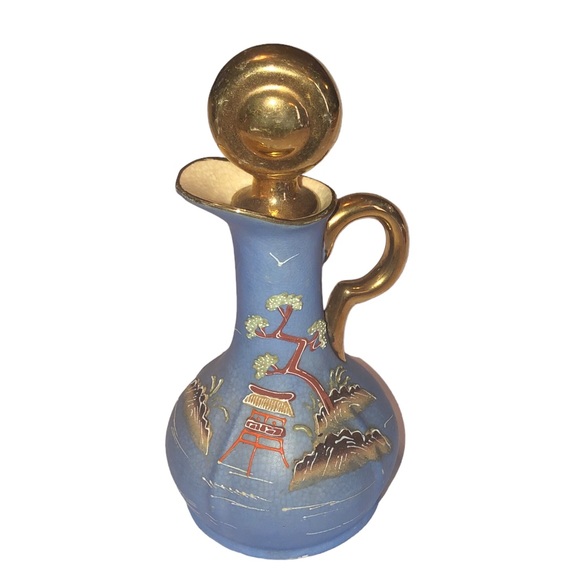 Vintage Hinode Made in Japan Cruets Oil Vinegar Blue Gold Tray Hand Painted - Picture 5 of 15